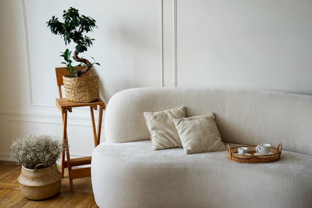 Décoration de la chambre avec plantes en pot et canapé